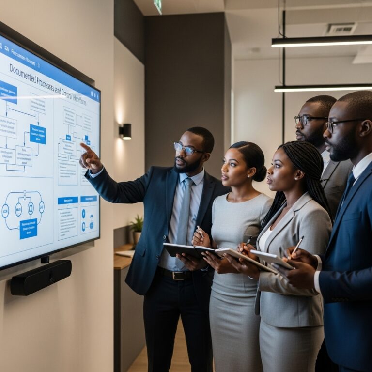 black Business professionals reviewing documented processes and control workflows on a shared screen, diagrams and process flows visible, neutral office setting, soft lighting, professional and collaborative atmosphere, realistic photography style, clean corporate aesthetic, no branding or text