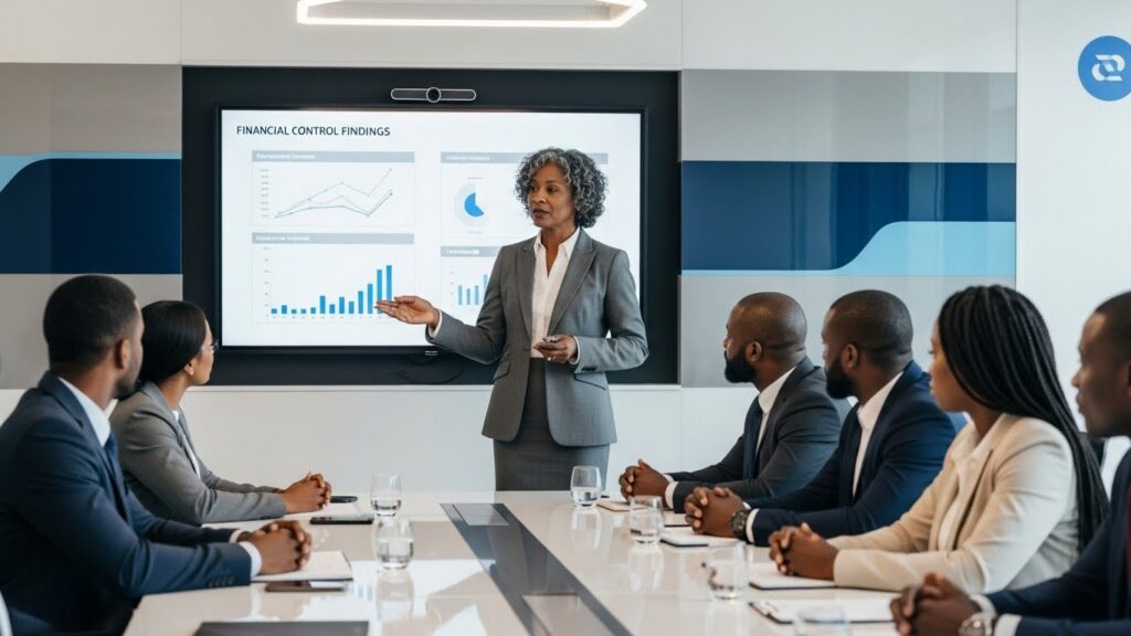 A senior consultant presenting financial control findings to executives in a boardroom setting. Subtle charts on a screen, calm professional interaction, neutral color palette, modern corporate environment emphasizing governance and oversight.