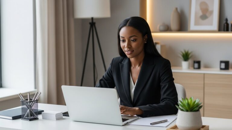 black female Small business owner working on her laptop in a modern office setting, organized desk with minimal paperwork, neutral tones, calm and focused atmosphere, professional and trustworthy look, realistic photography, suitable for accounting services website. she's wearing a tailored black suit.